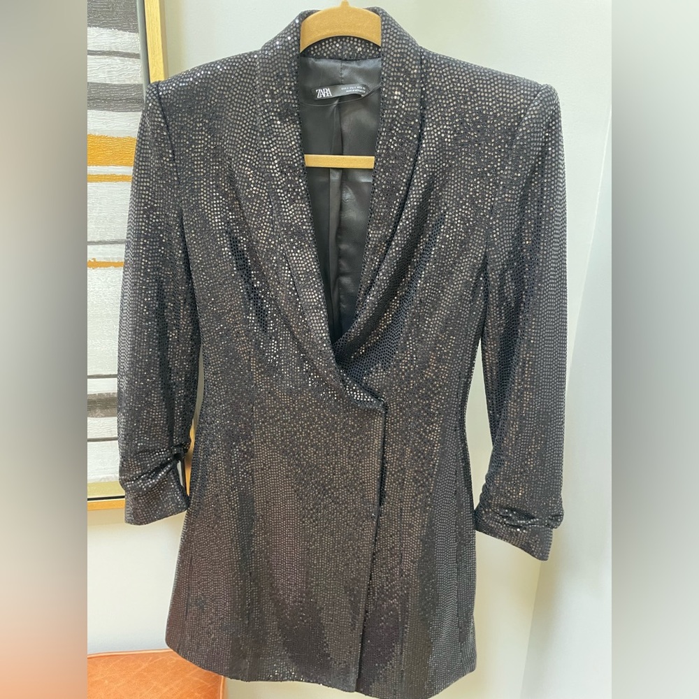 Zara Sequins Tuxedo Wrap dress, Black, Size S